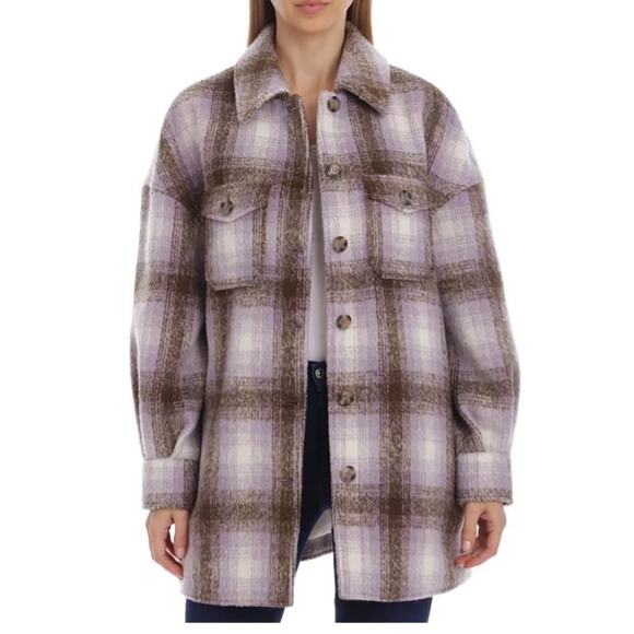 Avec Les Filles Purple White Brown Plaid Relaxed Oversized Jacket Shirt Size S - Picture 1 of 5